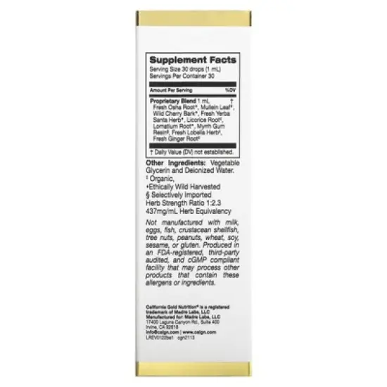 California Gold Nutrition Bronchial Ease with Proprietary Blend of Fresh Osha Root, Mullein Leaf and Wild Cherry Bark, 1 fl oz (30 ml) image {1}