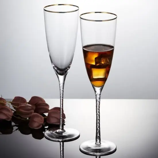 Berkware Luxurious Long Twisted Stem Champagne Flutes with 14k Gold Rim - 10.6oz image {8}