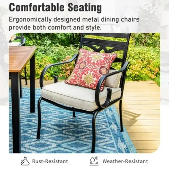 Captiva Designs 9pc Spacious Slat-top Square Metal Table with Umbrella Hole & Fixed Metal Chairs with Cushions image {8}