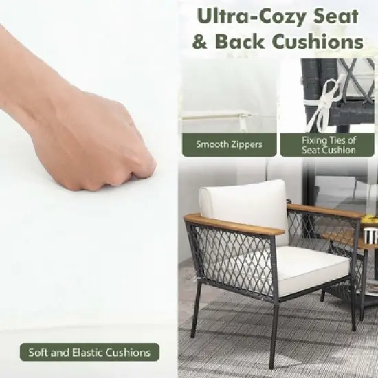 Costway 3 PCS Patio Furniture Set with 2-Tier Coffee Table Acacia Wood Armrests Tabletop image {6}