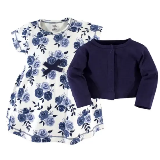 Touched by Nature Baby and Toddler Girl Organic Cotton Dress and Cardigan 2pc Set, Navy Floral image {1}