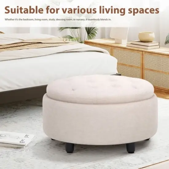 Round Fabric Storage Ottoman with Reversible Tray Lid &ndash; 3-in-1 Footrest, Hidden Storage, Small Coffee Table &ndash; 25&rdquo;x25&rdquo; image {4}