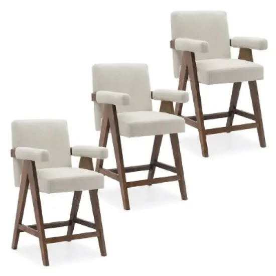 Set Of 3 Morgan 25.5" Height Upholstered Seat and Back Counter Stools With Upside Down "V" shape design Solid Wood Legs-The Pop Maison image {1}