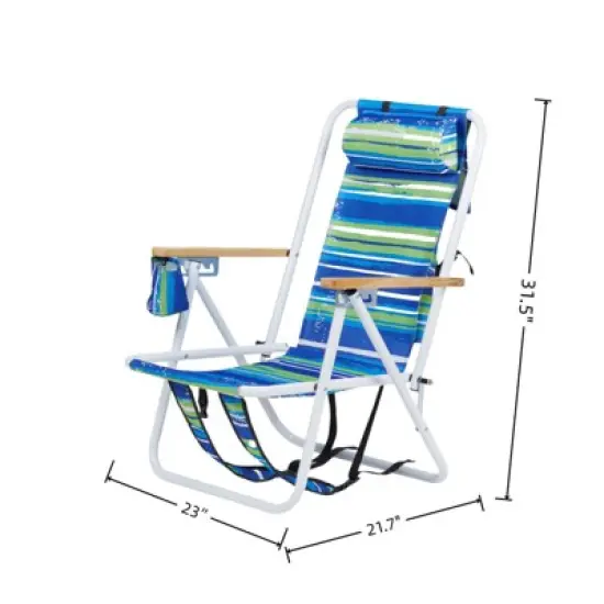 DSVIMOY Folding Beach Chair, Portable Backpack Foldable Camping Chair with Headrest Cup Holder, Blue & Green Stripes, 23"*21.7"*31.5" image {2}