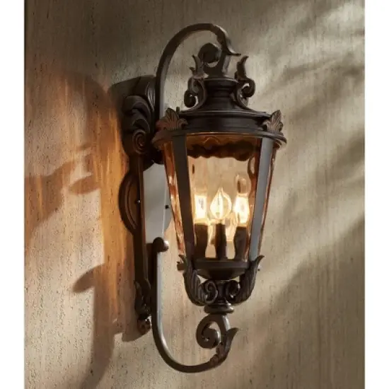 John Timberland Casa Marseille Vintage Rustic Outdoor Wall Light Fixture Bronze Scroll 27 1/2" Hammered Glass for Post Exterior Barn Deck House Porch image {4}