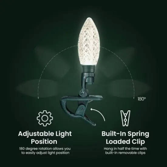 NOMA Quick Clip Durable Diamond Cut C9 LED 66' Holiday Outdoor Christmas Lights with 180 Degree Rotation and 100 Warm White Bulbs, Green (4 Pack) image {4}