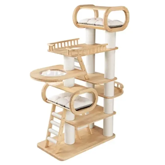 Modern Wooden Cat Tower,Beige,43.3" W &times; 23.62" D &times; 76.38" H image {8}