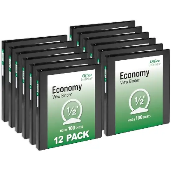 Office Essentials Economy View 3 Ring Binders, 0.5" Round Rings, 0.7" Spine, 100-Sheet Capacity, Black Binders (12-Pack of 03423) image {7}