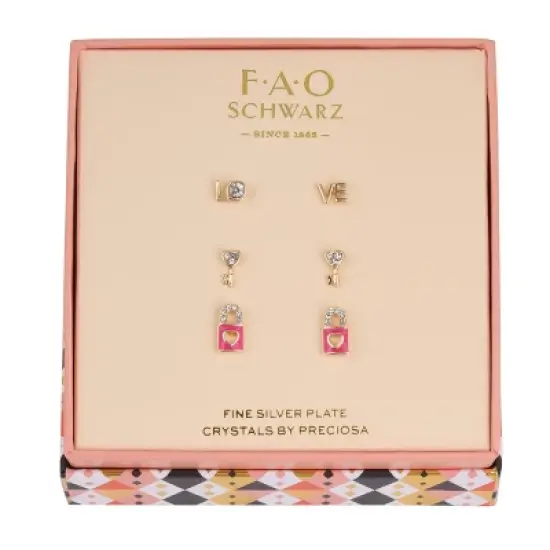 FAO Schwarz Gold Tone Key and Locket Trio Earring Set image {1}