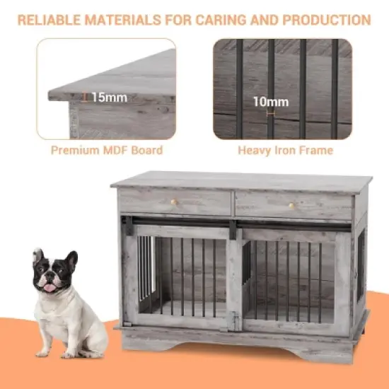 COZONY 47" Dog Crate Furniture with Barn Door & Storage Drawers, Heavy Duty Wooden Dog Kennel End Table with Removable Divider for Indoor Use image {6}