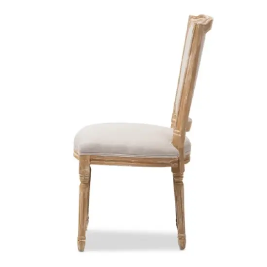 Cadencia French Vintage Cottage Weathered Oak Wood Finish and Fabric Upholstered Dining Side Chair - Beige - Baxton Studio image {2}