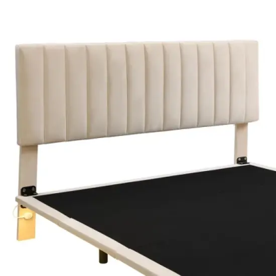 Queen Size Upholstered Floating Velvet Platform Bed with Sensor Light and Headboard-ModernLuxe image {7}