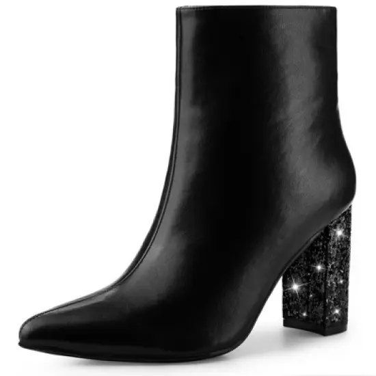 Perphy Women's Fashion Sparkly Pointy Toe Zipper Glitter Chunky Heels Ankle Boots image {4}