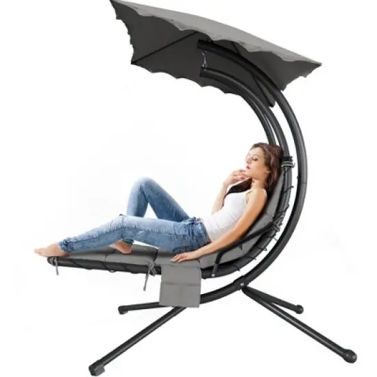 Chaise Lounger Swing Chair with Umbrella Canopy, Patio Hanging Chaise Lounger Chair with Stand, Curved Steel Outdoor Lounge image {8}