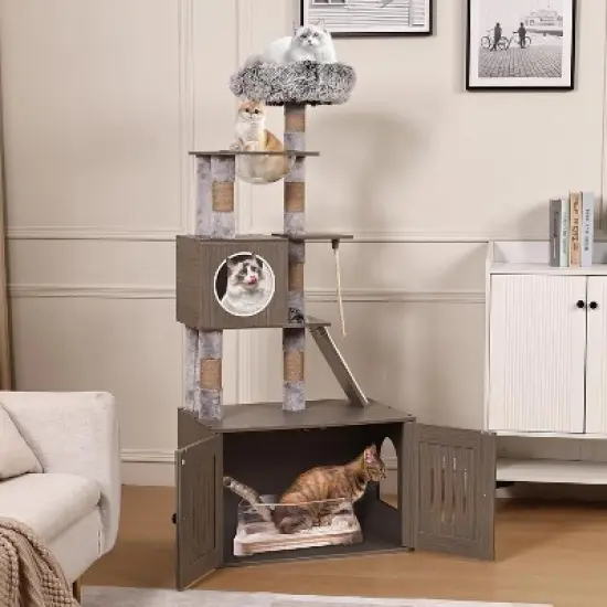 Acekool 67" Cat Tree & Litter Box Enclosure - 2-in-1 with Scratching Posts image {6}