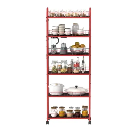 FONTOI Baker's Racks, 6 Tier Shelving Unit, Slim Rolling Storage Cart with 6 Baskets, Mobile Rack for Garage Kitchen Office, Red, 10"*61"*22.8" image {4}