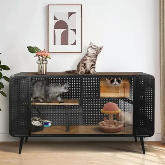 55.12" Cat House With 2 Sliding Tempered Glass Doors, Metal Spacious Pet Kennel For Living Room Hallway Study Room And Other Spaces image {9}