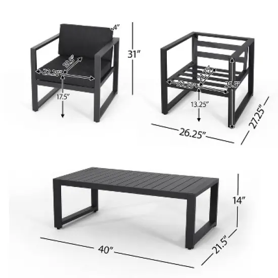 CAVINAS Balcony Furniture Set with Coffee Table, Aluminum Outdoor Sofa Set, Modern Patio Conversation Sets for Backyard, Dark Gray image {6}