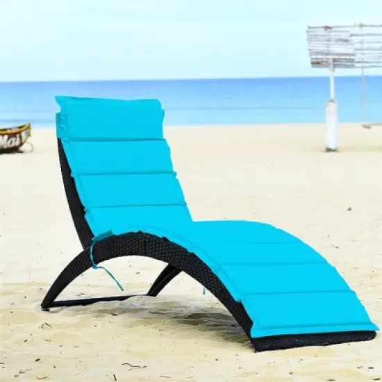 Costway 2PCS Folding Patio Rattan Lounge Chair Chaise Cushioned Portable Lawn Turquoise image {2}