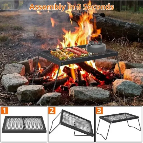 Portable Campfire Grill, Heavy Duty Steel Mesh Grate and Roasting Pan, Foldable image {4}