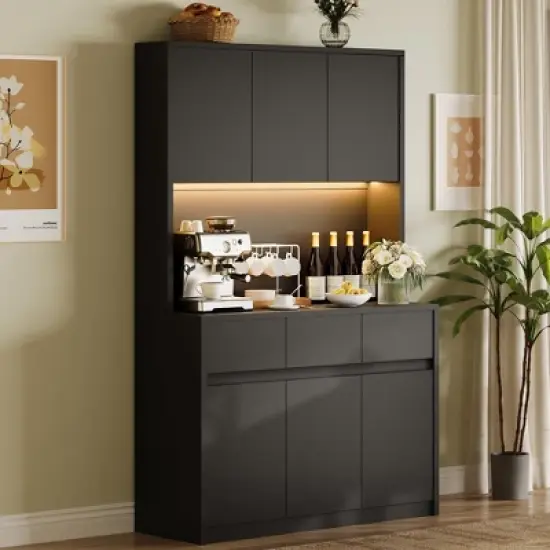 71" Kitchen Pantry Cabinet with LED Lights & Charging Station, Adjustable Shelves, Handless Buffet Hutch, Microwave Stand image {2}