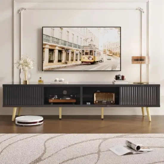 Bestier 71" Modern TV Stand for 75/80 inch TV with Fluted Sliding Doors, High Gloss Entertainment Center with Storage for Living Room, Cord Management image {2}