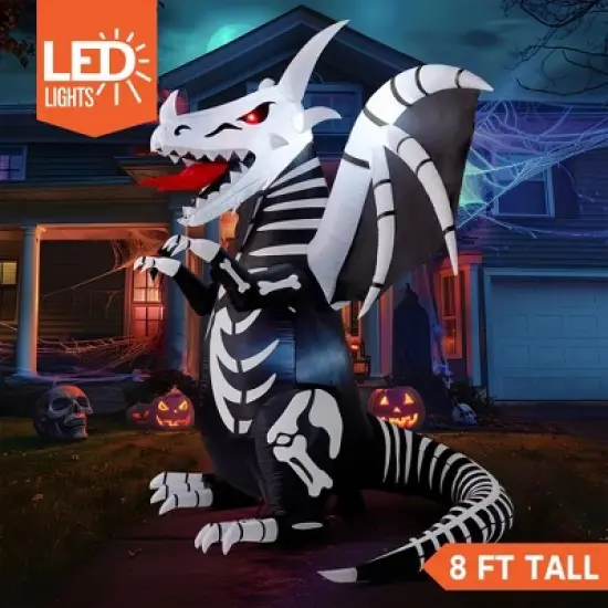 Joyfy 8 FT Halloween Inflatables Outdoor Decoration, Inflatable Skeleton Dragon with Red LED Eyes for for Halloween Outdoor Yard Lawn Party Decoration image {2}