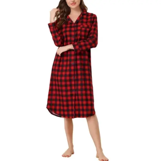 cheibear Womens Button Down Plaid Heart Printed Shirtdress Sleepshirt Loungewear Pajama Shirt Dress image {8}