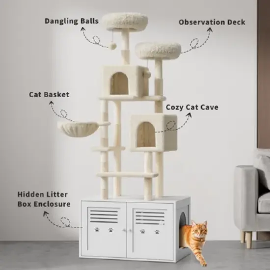 Tall Cat Tree with Litter Box Enclosure 2-in-1 Modern Large Cat Tower with Double Condos/Scratching Posts/Hammock, Cats Hidden Litter Box Furniture image {3}