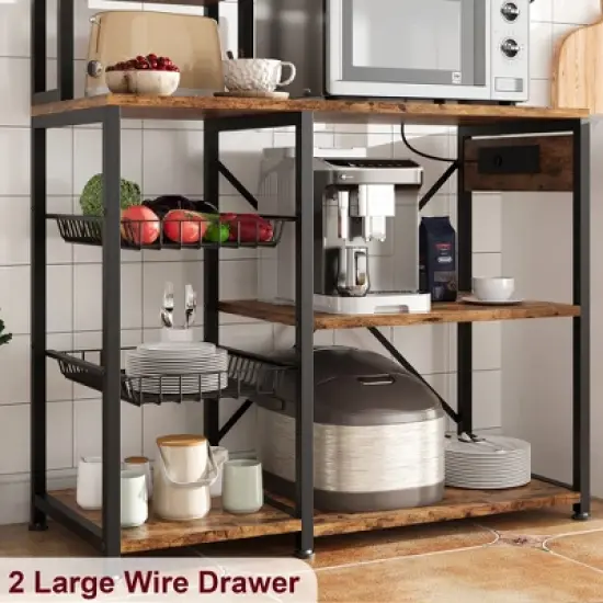 70.1" Bakers Rack with Power Output, Coffee Bar Station with 2 Big Metal Basket, Large Storage Rack, Microwave Stand, Coffee Stand Station image {4}