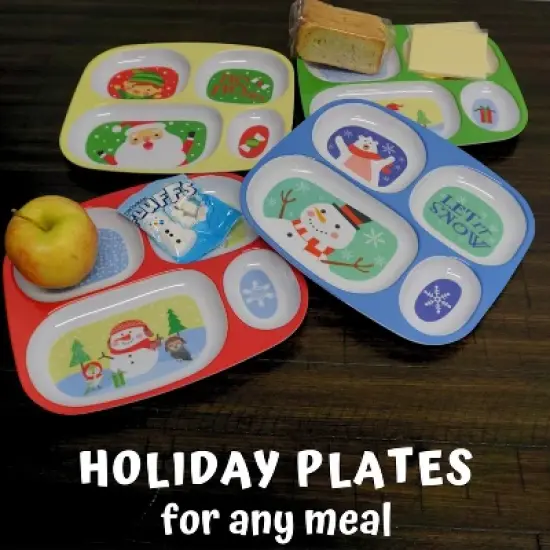 4E's Novelty Christmas Dinnerware Set: 4 BPA-free melamine plates for kids, festive and sectional, dishwasher safe. Perfect for holiday meals! image {1}