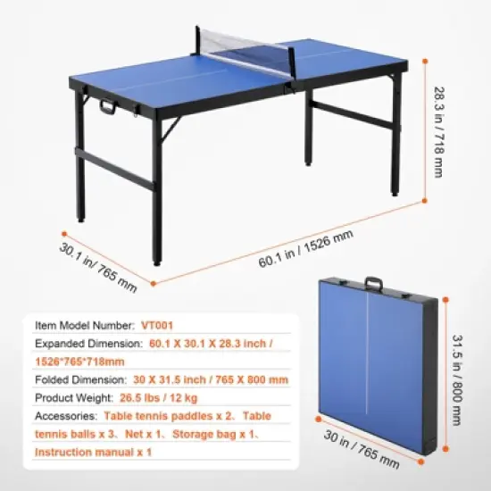 VEVOR Ping Pong Table, Mid-Size Table Tennis Game, Indoor MDF Table Tennis Table, Foldable Portable Complete Ping Pong Table Set with Net, 2 Paddles image {7}