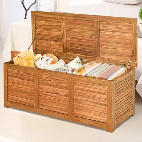 Costway 47 Gallon Deck Storage Acacia Wood Organization Toys Cushions Tools image {4}