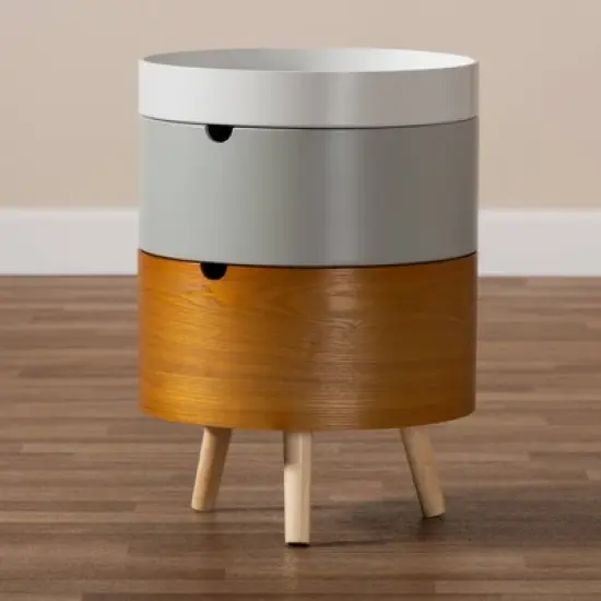 3 Tier Elison Wood Nightstand White - Baxton Studio: Mid-Century Modern Bedside Table with Storage & Removable Tray image {3}