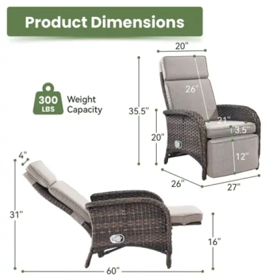 POCASSY Outdoor Recliner Chair, Wicker Adjustable Reclining Patio Lounge Chair with Cushion, Adjustable Backrest and Footrest, Ideal for Pool Deck image {4}