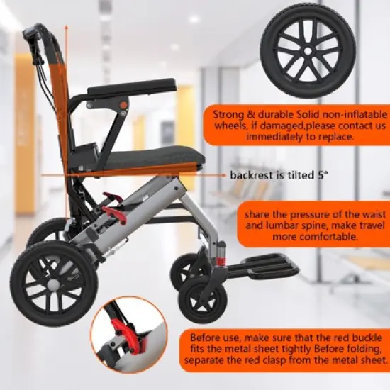 Ultra-Light Portable Transport Wheelchair, Foldable w/Lock Brakes & Flip Armrests image {3}