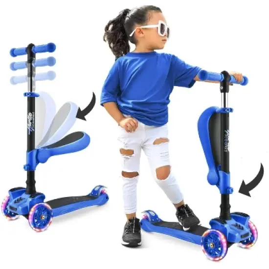 Hurtle ScootKid 3 Wheel Toddler Child Mini Ride On Toy Tricycle Scooter with Adjustable Handlebar, Foldable Seat, and Colorful Light Up Wheels, Blue image {1}
