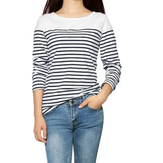 Allegra K Women's Color Block Long Sleeve Striped T-Shirt image {1}
