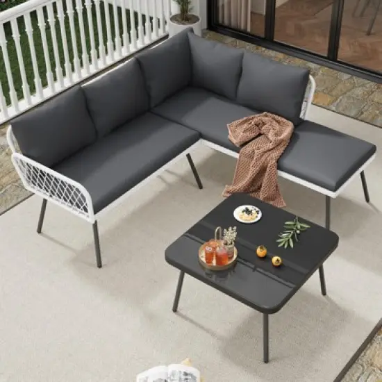 Garvee 4-Piece Patio Sectional Set with Coffee Table & Ottoman,  Outdoor Sofa Handmade Rattan & Metal Frame, for Backyard, Garden and Poolside image {3}