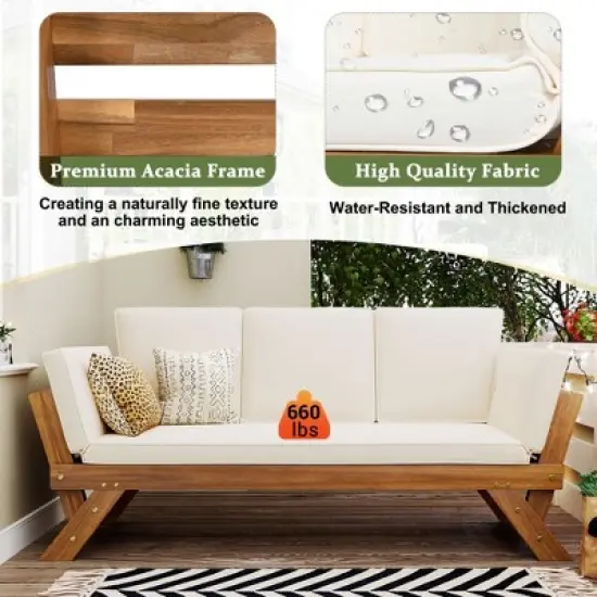 GDFStudio Webster Outdoor Expandable Acacia Wood 81" Sofa with Adjustable Sides and Cushions image {3}