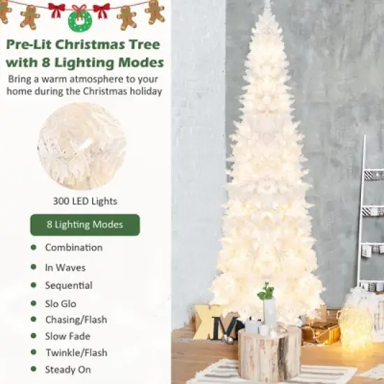 Costway 7FT Pre-Lit Hinged Pencil Christmas Tree White w/ 300 LED Lights & 8 Flash Modes image {5}