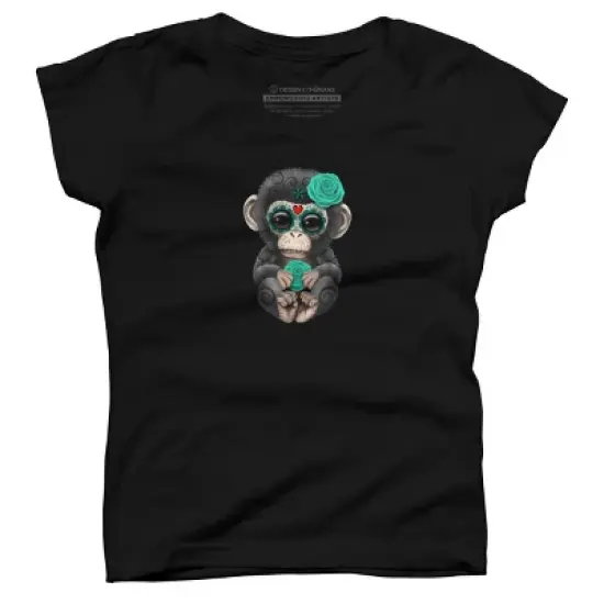 Girl's Design By Humans Blue Day of the Dead Sugar Skull Baby Chimp By jeffbartels T-Shirt image {3}