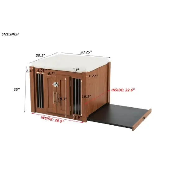 2 in 1 Dog Crate Wooden Dog Kennel Pet Crate House with Padded Seat, Ottoman with Removable Cushion, Walnut - ModernLuxe image {5}