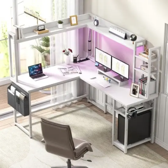 Aheaplus Reversible L-Shaped Computer Desk with Storage Shelf, Home Office Desk with Charging Station, Led Light image {11}