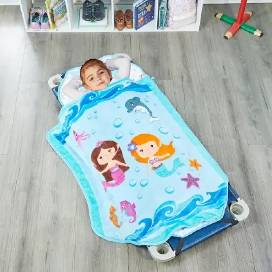 EVERYDAY KIDS Mermaid Toddler Cot Nap Mat for Home, Daycare, Preschool ; Easy to Roll Sleeping Mat with Elastic Straps, Pillow and Blanket image {8}