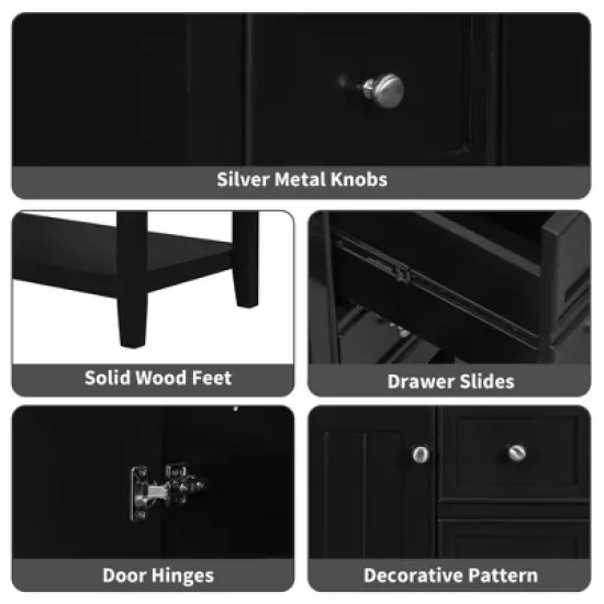 36" Freestanding Bathroom Vanity Base Only, Black Solid Wood & MDF Cabinet with 1 Door, 3 Drawers & Open Shelf, No Sink image {11}
