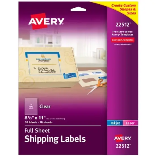 Avery Shipping Labels, 8.5" x 11", Matte Clear Labels, Permanent, Laser/Inkjet, 10 Printable Labels (22512) image {7}