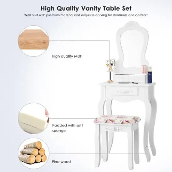 Costway White Vanity Jewelry Makeup Dressing Table Stool Drawer image {9}