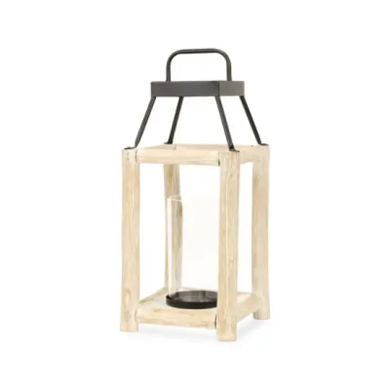 HomeRoots 18" Black And Natural Distressed Glass Metal And Wood Tabletop Lantern Candle Holder image {3}