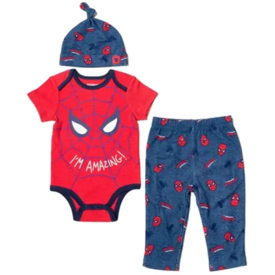Marvel Avengers Hulk Captain America Spider-Man Baby Bodysuit Pants and Hat 3 Piece Outfit Set Newborn to Infant image {8}
